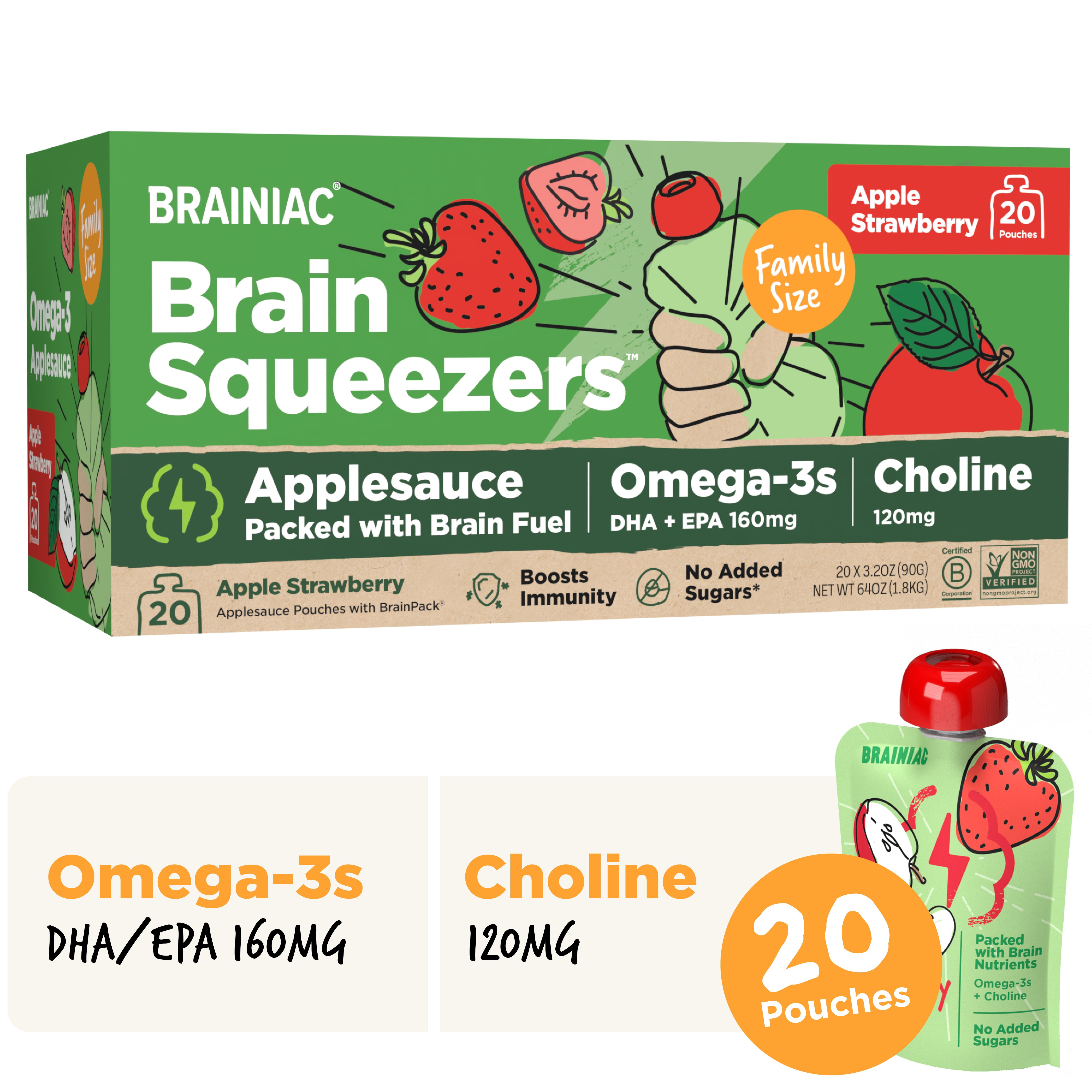 Brainiac Omega-3 Applesauce, Apple Strawberry, No Sugar Added, 3.2 oz, 20 Ct