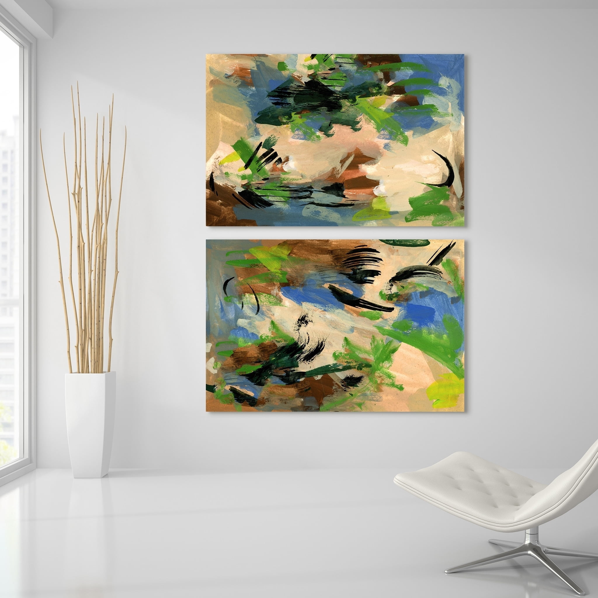 Empire Art Direct Linen & Blues I & II Frameless Free Floating Tempered Glass Panel Graphic Wall Art, 48" x 32" each, Ready to Hang