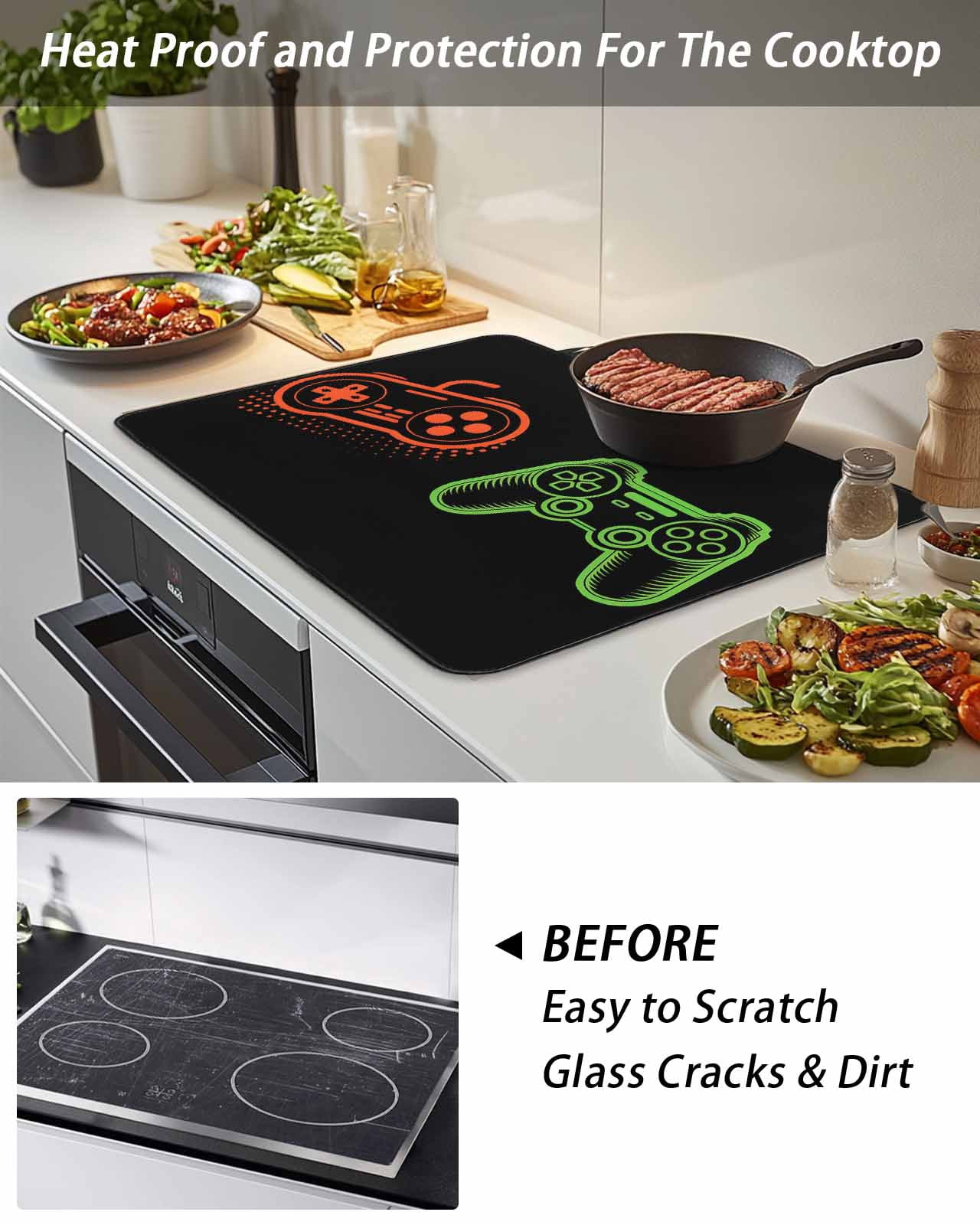 Stove Top Covers for Electric Stove, Game Controller Glass Stovetop Cover Protector, Modern Art Gaming Handheld Black Induction Cooktop Protector Oven Mat for Kitchen Countertop 31"x24"