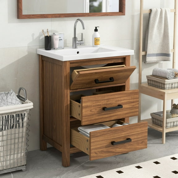 24'' Bathroom Vanity with Ceramic Basin Sink  Modern Bathroom Storage Cabinet with 3 Drawers  Freestanding Bathroom Vanity Cabinet with Single Sink (Same as SW000108AAP)