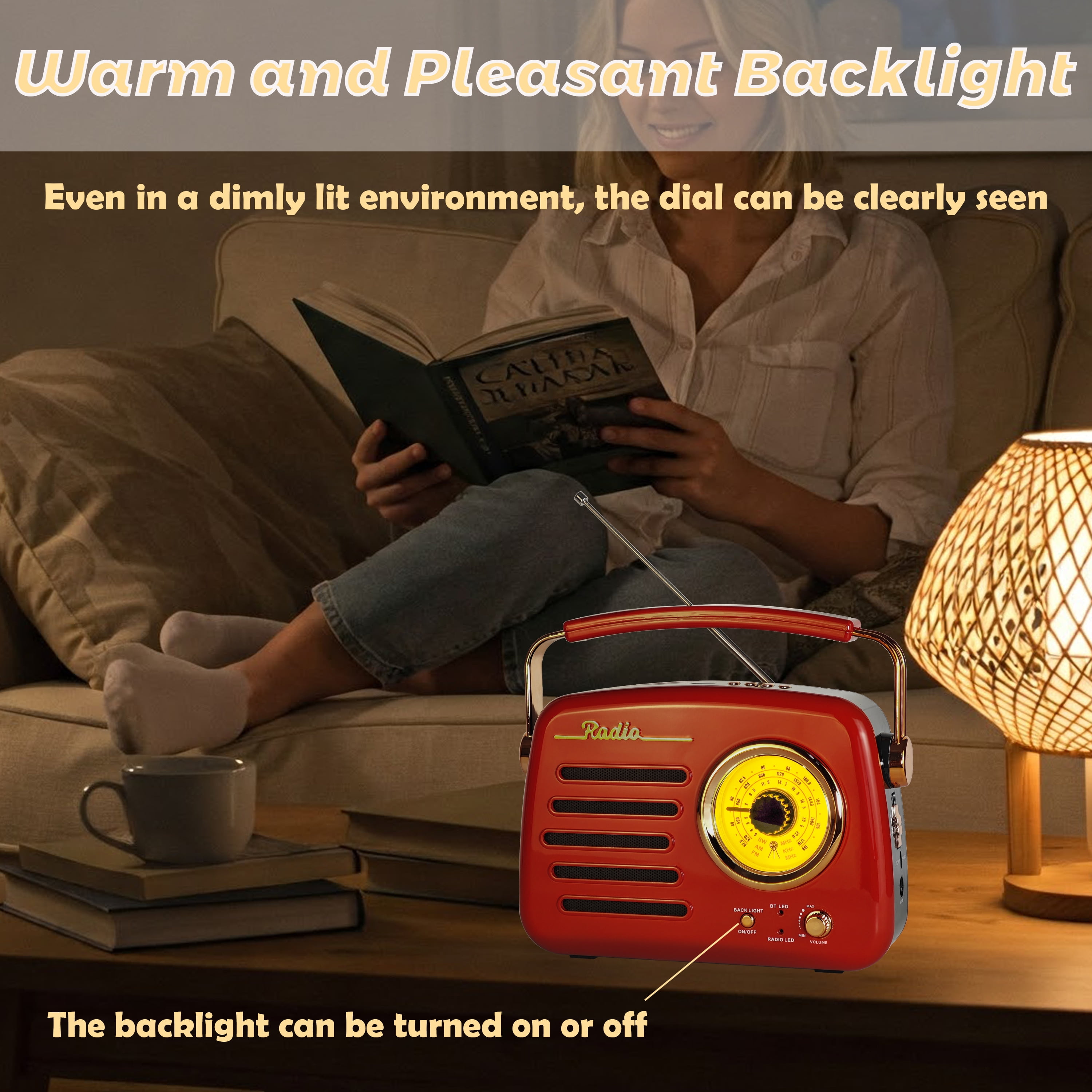 Retro Backlit AM FM Shortwave Radio, Great Receiver Bluetooth Speaker Battery or Plug in Wall, Support USB Drive/TF Card, Good Sound for Family or Friend for Home/Outdoor(Red)