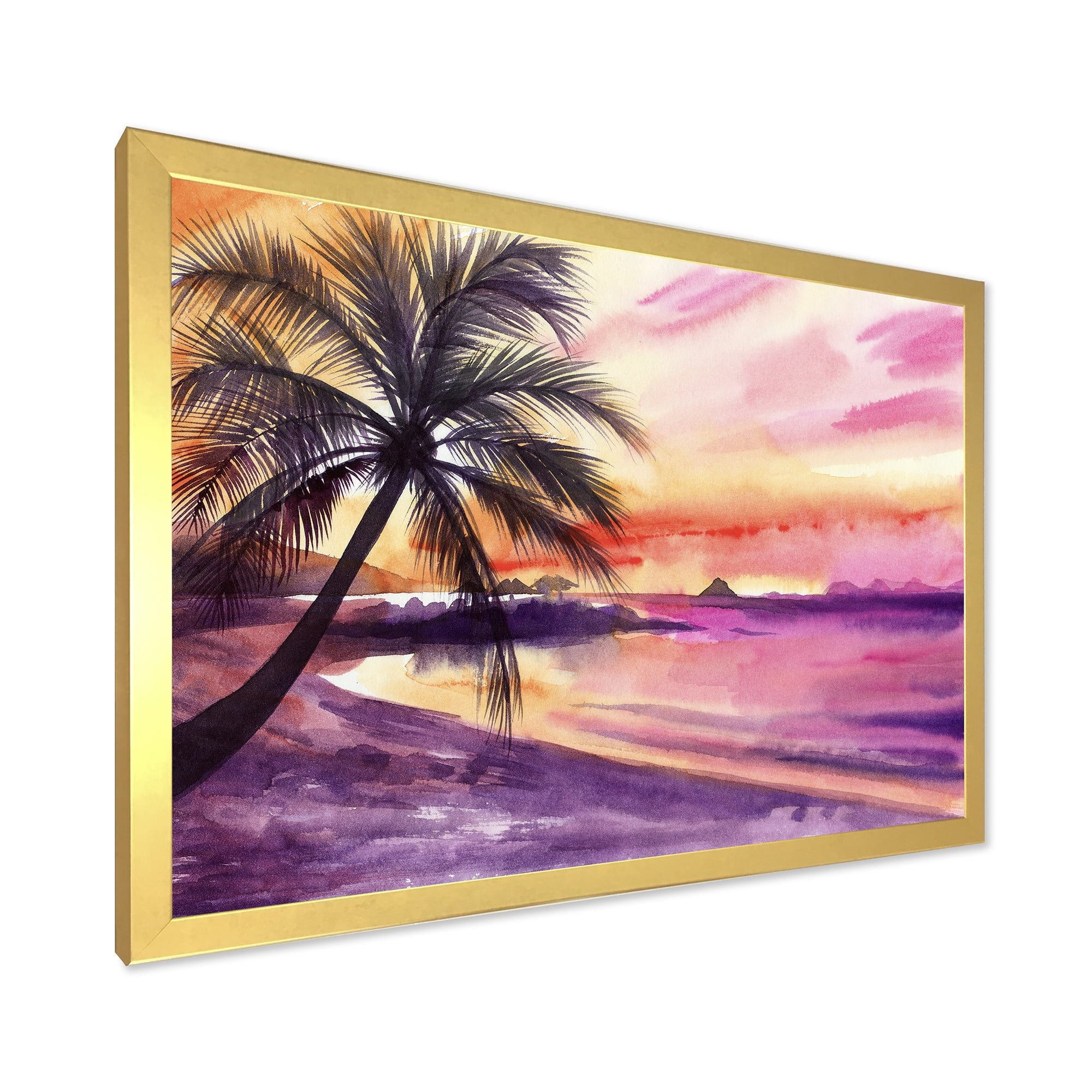 Designart 'Purple and Pink Palm Beach Sunset' Nautical & Coastal Framed Art Print