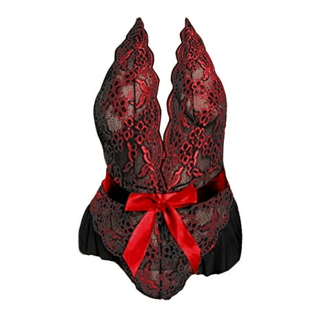 Red 4X-Large Plus Size Lingerie Set Lace for Women V Neck High Waist Lace Bustier Set Floral Lace Criss Cross Satin Robe Set Lace Chemise Bra and Panty 2 Piece Set No Und