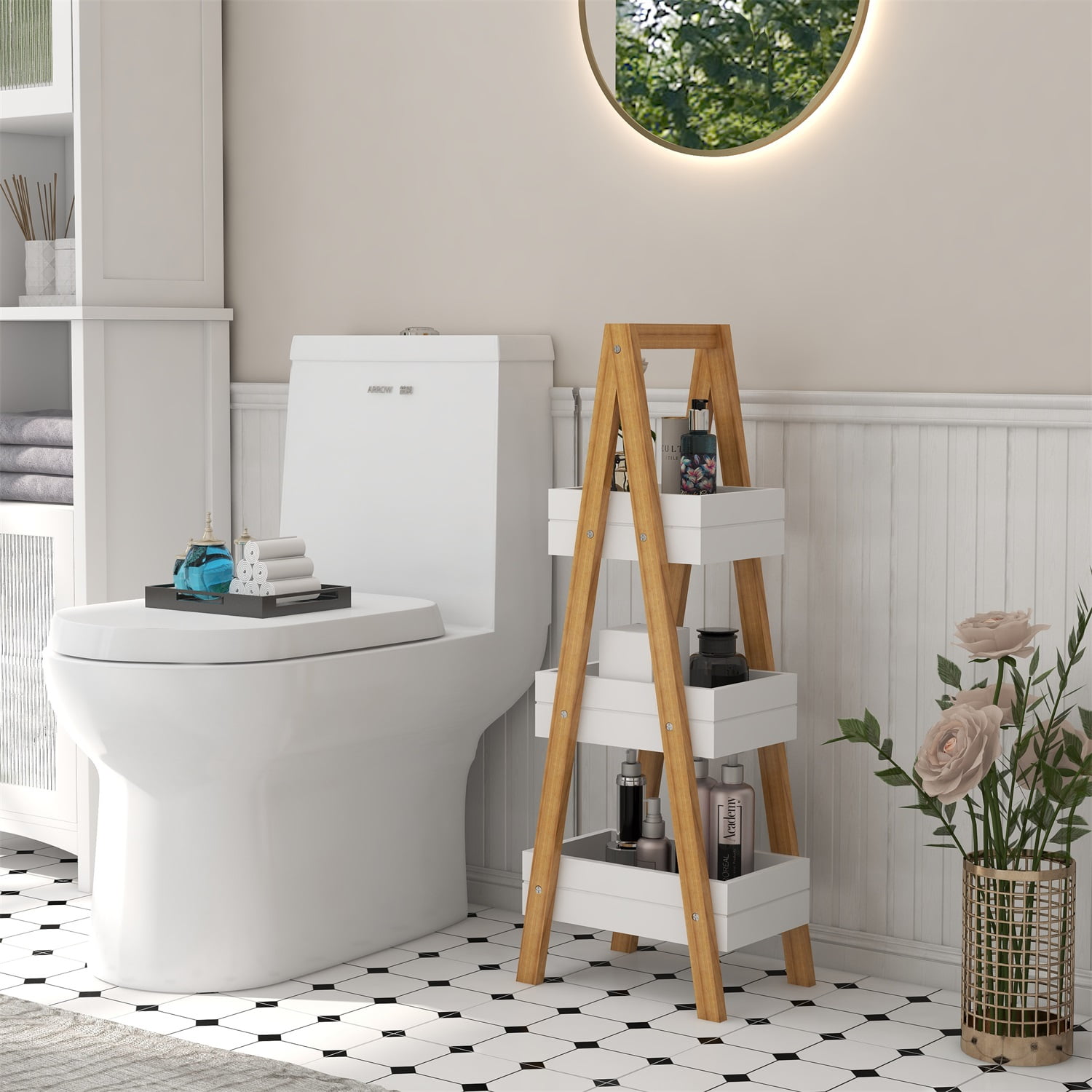 Resenkos 3-Tier Bamboo Storage Basket Shelf Stand with Wooden Decorative Bins for Organizing Bathroom Laundry Bedroom, White Resenkos 3-Tier Bamboo Storage Basket Shelf Stand with Wooden Decorative Bins for Organizing Bathroom Laundry Bedroom, White