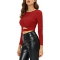 thumbnail image 5 of INSPIRE CHIC Women's Glitter Top Twist Fitted Long Sleeve Cutout Party Cropped Sparkly Tops XS Red, 5 of 8