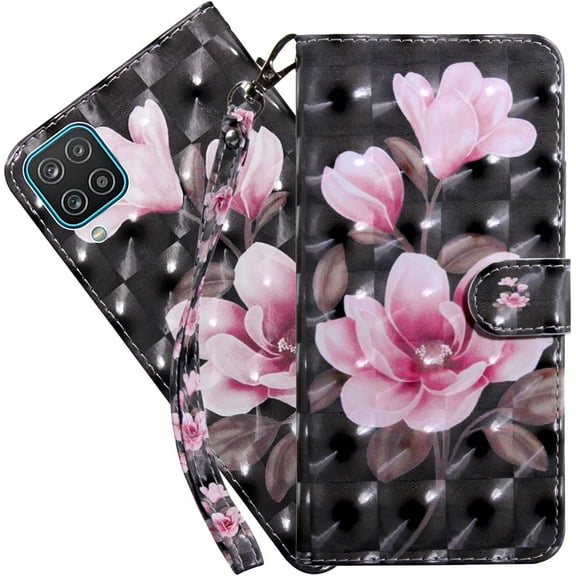 case for Samsung Galaxy A22 5G (not 4g) Wallet Case for Women, Premium PU Leather Prints Flip Cute Cover with Card Holder & Kickstand Feature Phone Case for Samsung Galaxy A22 5G Black Pink Flower