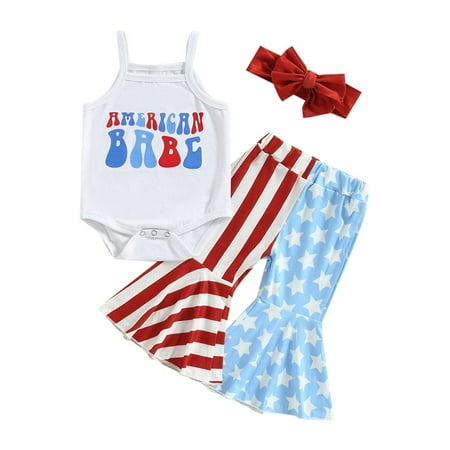 

TAIAOJING Baby Girl Summer Cute Outfits 4th Of July Sleeveless Romper Bodysuit+American Flag Bell Bottom Pants+Headband Clothes Set 12-18 Months