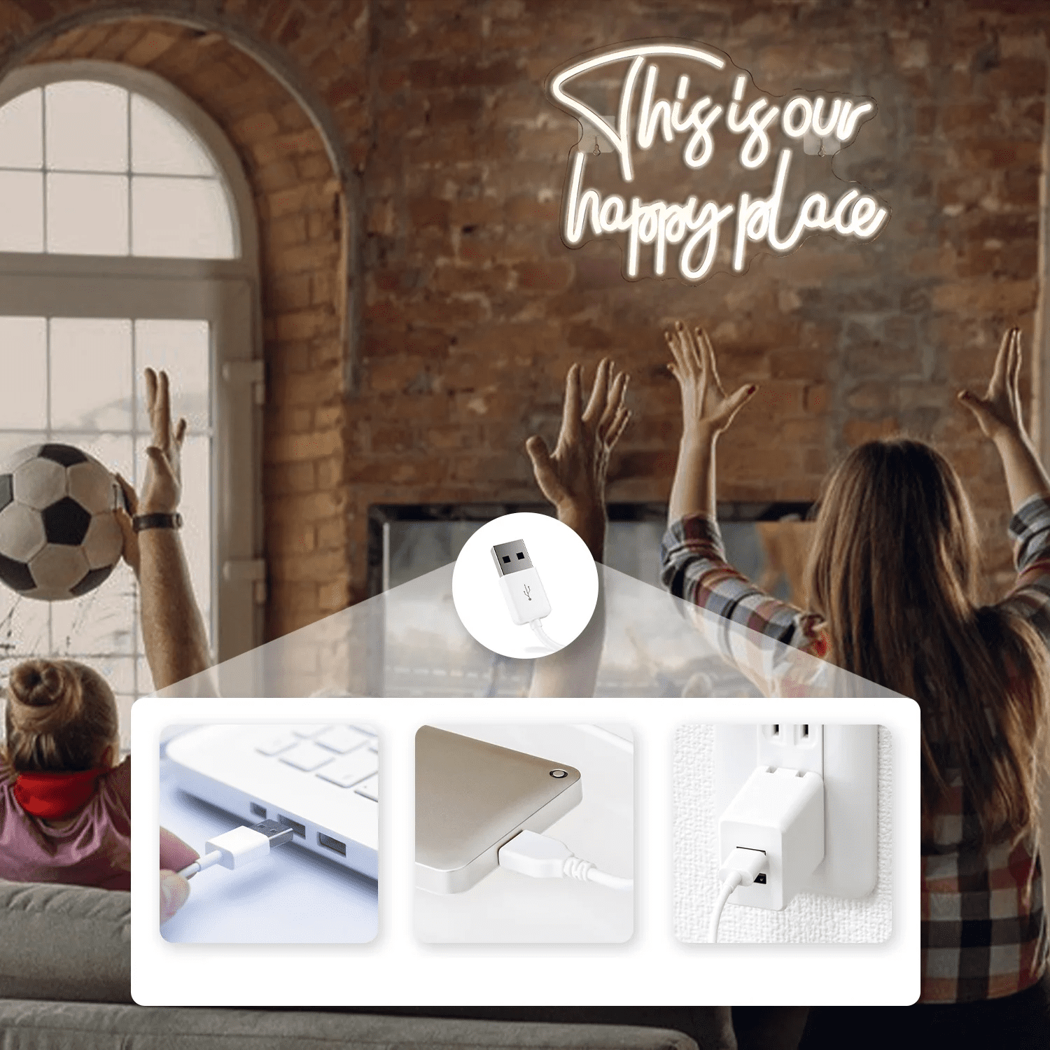 Our Happy Place LED Neon Sign for Wall Decor, USB Power Led Neon Lights for Bedroom, Birthday Wedding Party Decoration Neon Sign for Selfie Point - 13.7x10.6 Inch - Warm White