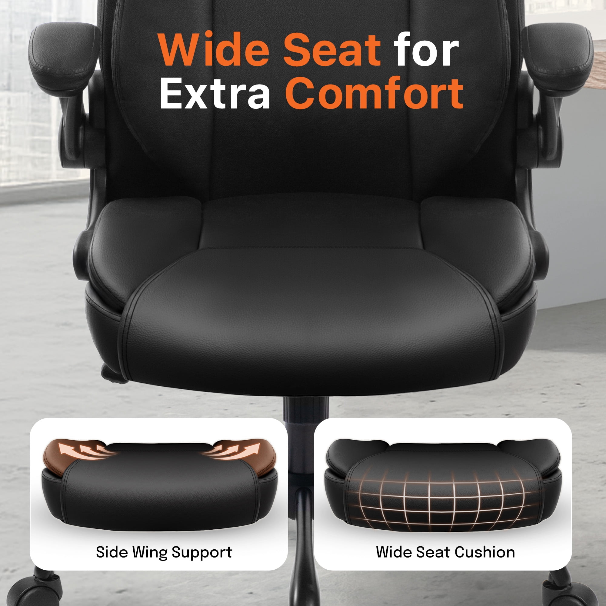NEO CHAIR Ergonomic Office Desk Gaming Computer Chair Executive High Back Support Flip-up Arms Adjustable Height Swivel Rolling Wheels Comfy PU Leather for Home (Dark Black)
