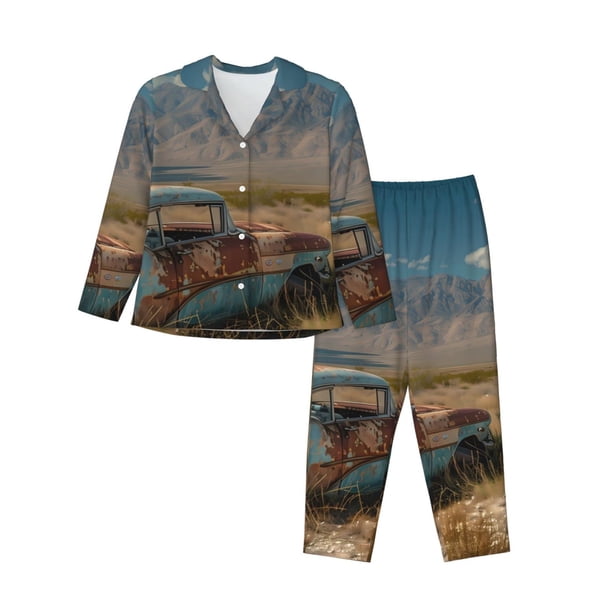 Balery Deserted Classic Car Landscape Conjunto de Pijama con Estampado para Mujer, Conjunto de Dos Piezas con Manga Larga, Ropa de Dormir Suave con Bolsillos, Pijamas Cómodos-XX-Large