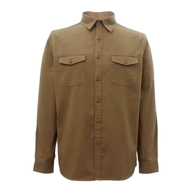 Camisa George para hombre talla CH color camel, de algodón resistente con diseño liso, botones frontales y dos bolsillos con botón en el pecho. Su corte clásico ofrece comodidad y abrigo para la temporada otoño-invierno, ideal para uso diario y combinar con prendas casuales.