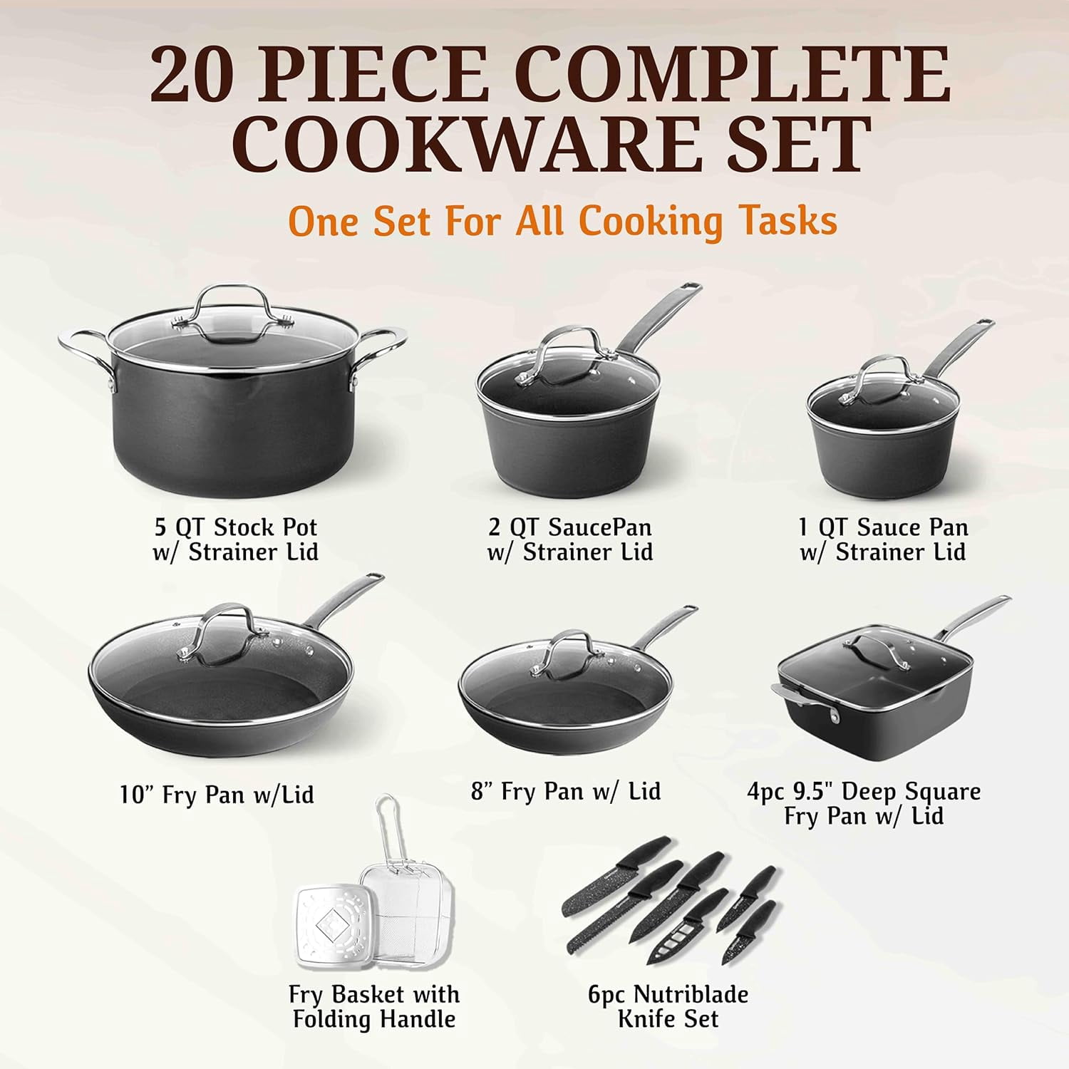 Granitestone Armor Max 20 Pc Hard Anodized Pots and Pans Set Non Stick, Induction Cookware Sets, Anodized Cookware Sets, Nonstick Cookware Set with Knife Set and Deep Fryer, Oven & Dishwasher Safe