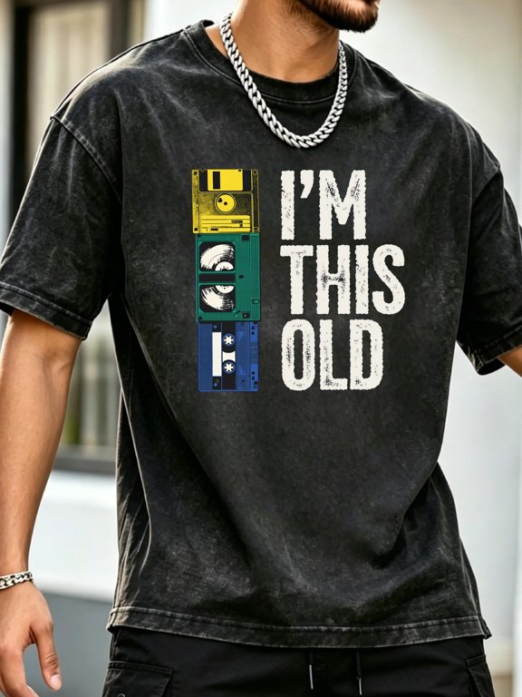 vintage washed black short sleeve t shirt im this old retro floppy disk cassette tape vhs multimedia graphic hip hop style 90s nostalgia theme distressed aesthetic urb