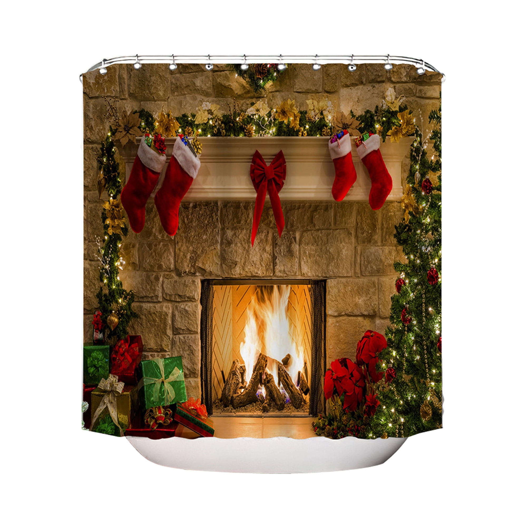 Christmas Print Polyester Shower Curtain Waterproof Anti-mildew Hanging Curtain