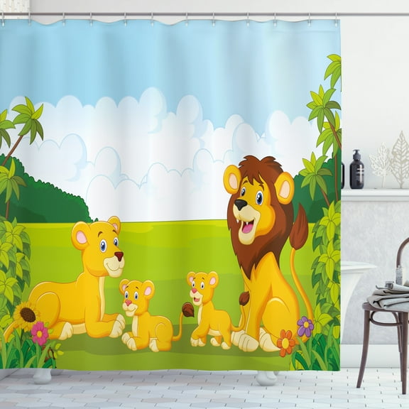 Ambesonne Cartoon Shower Curtain, Lion Family in Forest, 69"Wx75"L, Pale Blue Yellow and Green