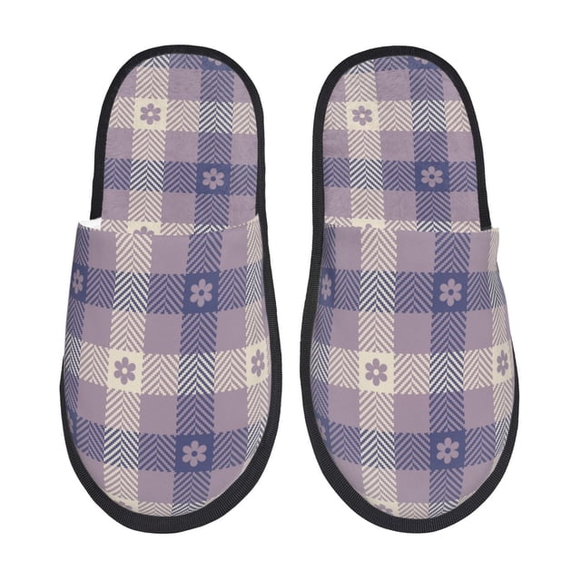 Fotbe Purple Floral Gingham Check Plaid Pantuflas Peludas para Mujer con Estampado, Zapatillas de Peluche, Zapatos de Invierno para Casa, Uso Interior y Exterior-Large