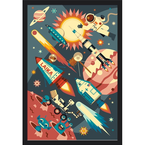Space Geometric - Lantern Press Artwork (24x36 Giclee Art Print, Gallery Framed, Black Wood)