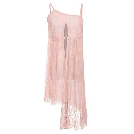 IROINNID Reduced Lingerie for Women Classy Babydoll Sexy Lingerie Lace Round Neck Tulle Hollowed Out Split Skirt Sexy Lingerie Pink