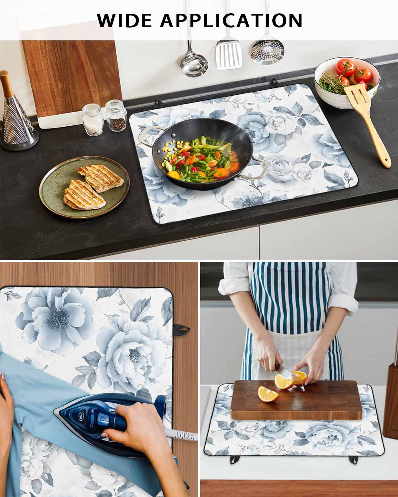 nqOlkjepod Large Induction Cooktop Protector Mat 36"x21", Blue White Floral Stove Top Covers for Electric Stove, Farmhouse Garden Flowers Botanical Stove Burner Cover Mats, Glass Top Stove Cover