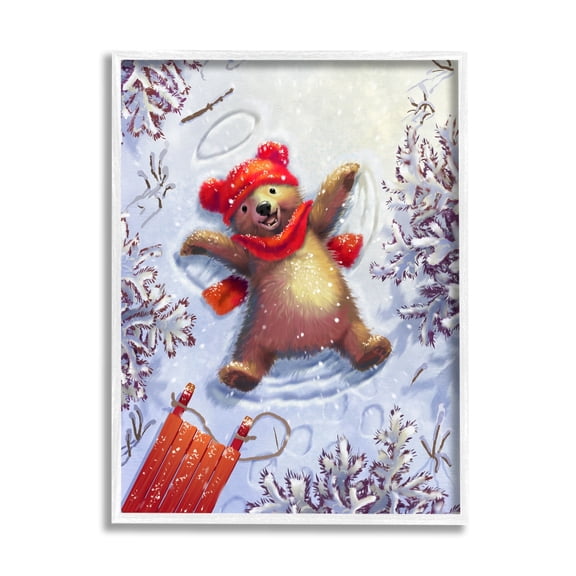 Stupell Industries Bear Cub Snow Angel Sled Holiday Painting White Framed Art Print Wall Art