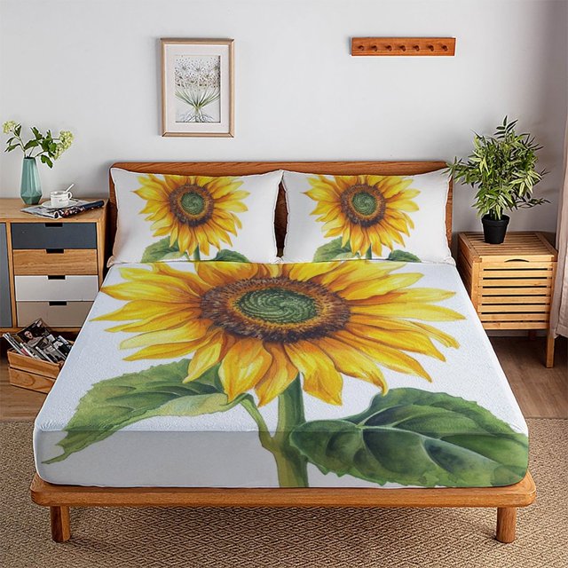 2/3pcs Sunflower Fitted Sheet Set Children Adult Soft Cozy Bedding Set with Pillowcase,Queen (60"x80")