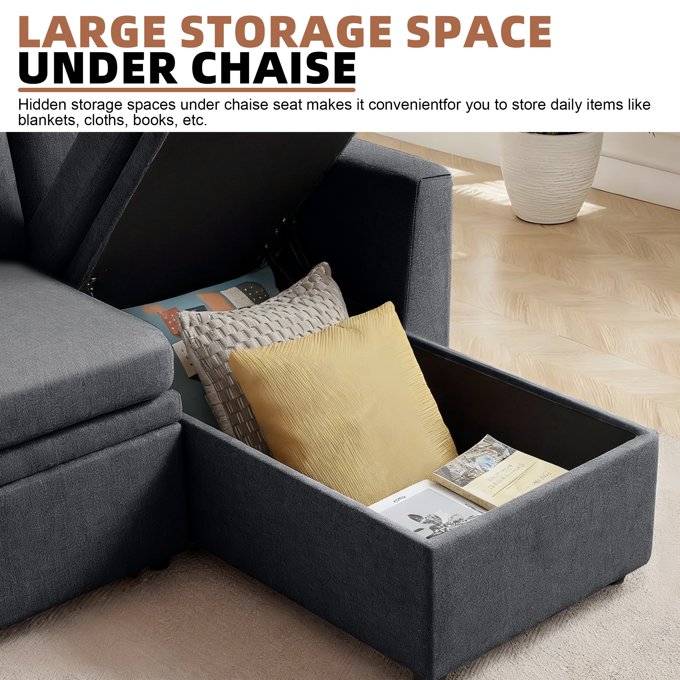 Aukfa Pull-Out Sleeper Sofa Bed with Storage Chaise, Reversible Loveseat for Living Room, Linen, Dark Gray