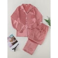 thumbnail image 2 of DHFJKG Pajamas For Women Set 2 Piece Silk Satin Loungewear Long Sleeve Turndown Collar Button Up Top Loose Fit Bottoms Sleepwear Lightweight Comfort Homewear, 2 of 3