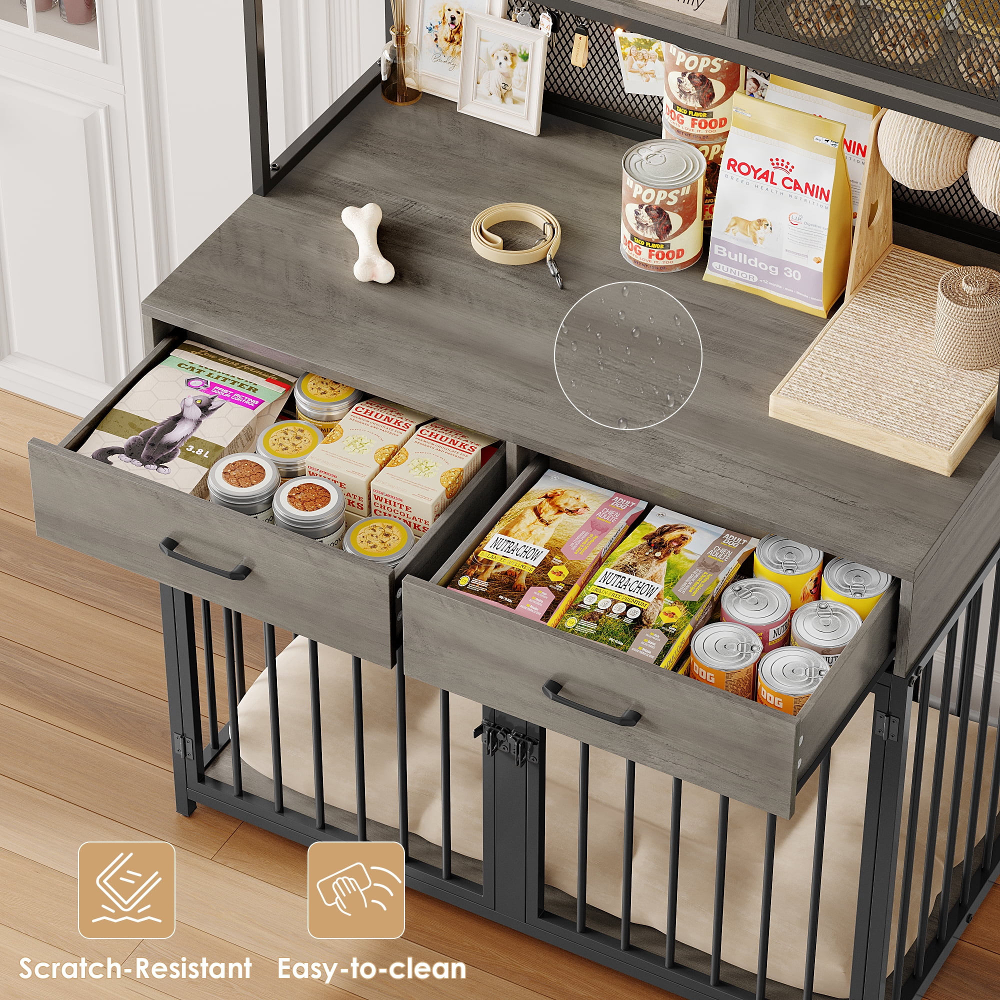 Hiphuta 71" Tall Dog Crates Furniture, Indoor Dogs Kennel Furniture with Hutch, 42"W Dog Cage Furniture for Large/Medium Dogs, Decorative Sturdy Pet House, Ash Gray