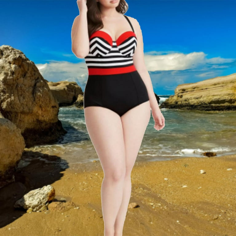 SEMIMAY Slim Belly Swimsuit Large Chest Stripes In Europe And The United  States Large Size Swimsuit 