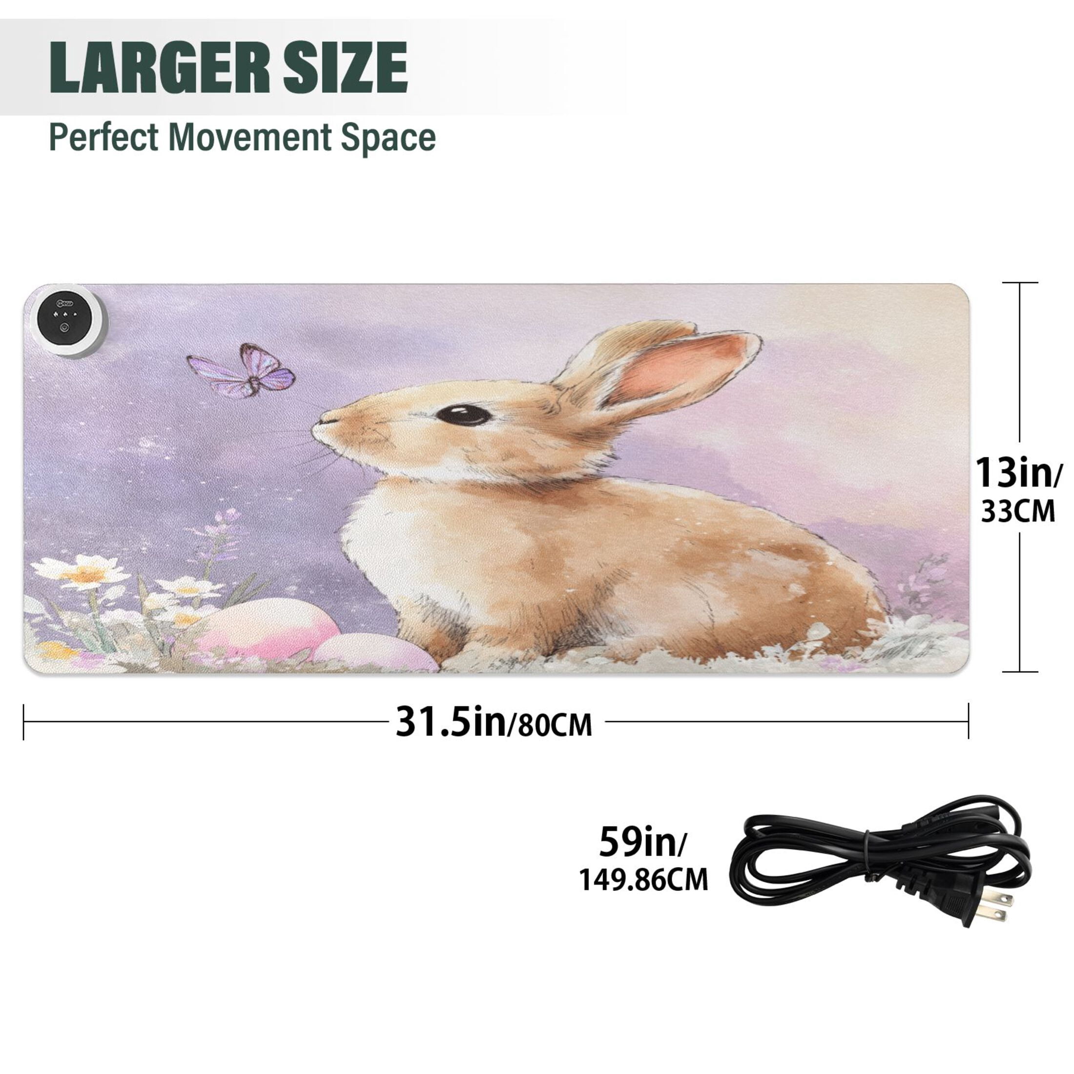 Large Heated Desk Mat Mouse Pad 31.5"x13"PU Leather Graphene Heating Desk Warmer with 3 Temperature Settings 110V US Plug Non-Slip Warm Pad for Home, Office, and Gaming Bunny with Purple Butterfly