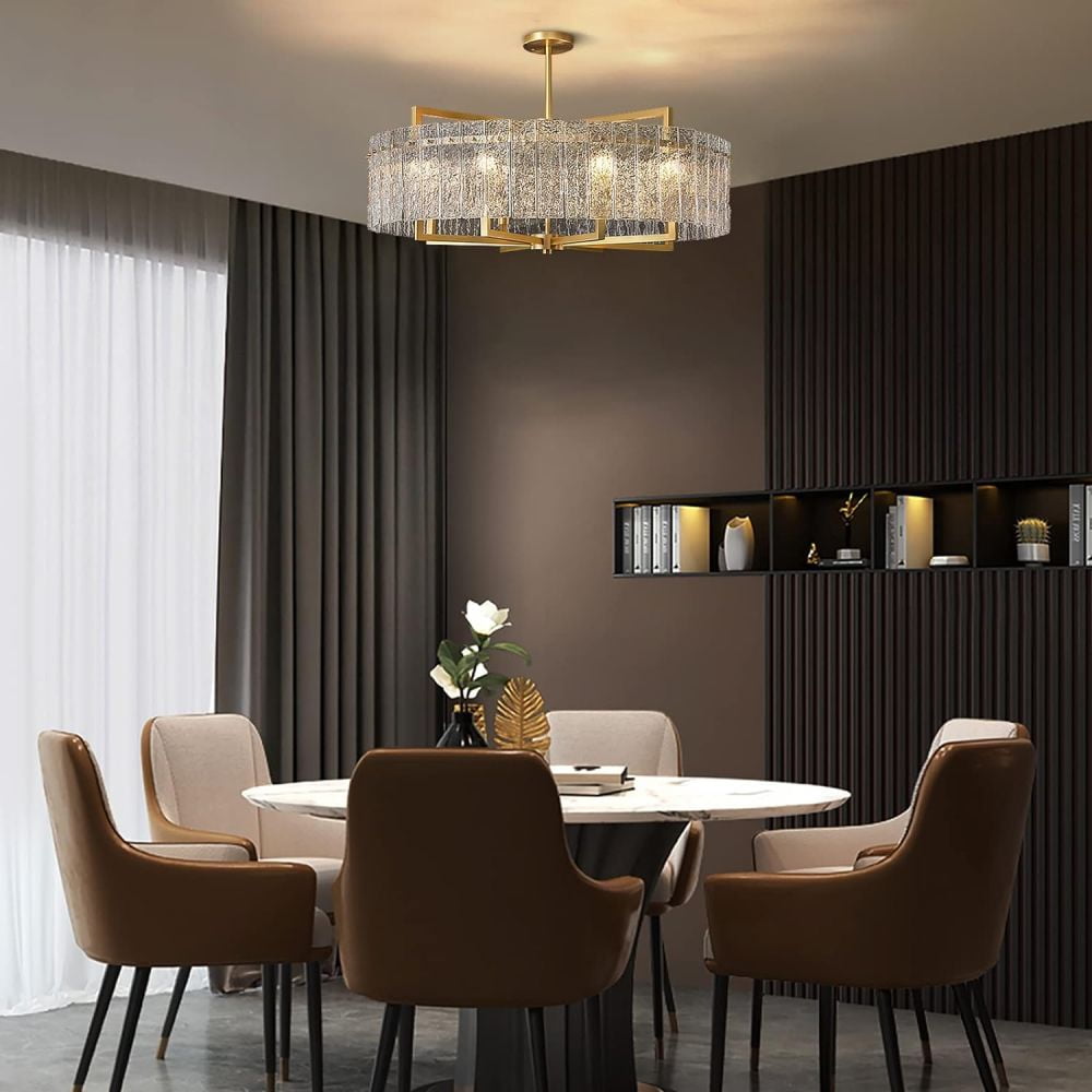 HOOMEDELIER 33.5" Modern Drum Crystal Chandelier Lighting with Glass Shade, 8-Light Gold Luxury Pendant Ceiling Light Fixture for Indoor