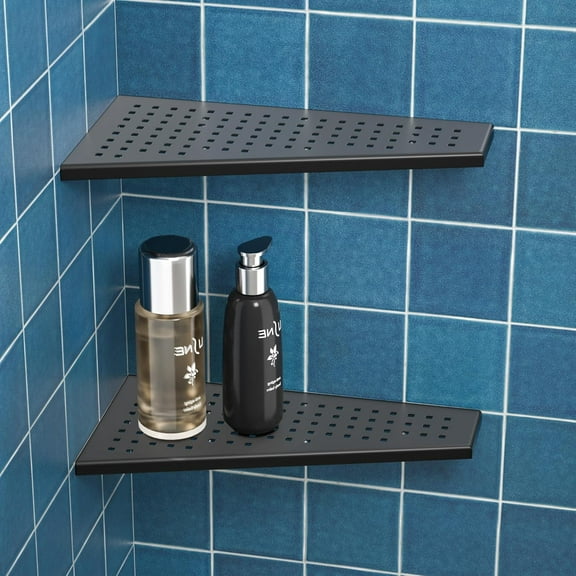 Corner Shower Shelf 2PCS, Trapezoid Bathroom Shelves 12'' for Tiled Wall, 304 Stainless Steel Grout in Shelf, No Drilling Needed (Black)