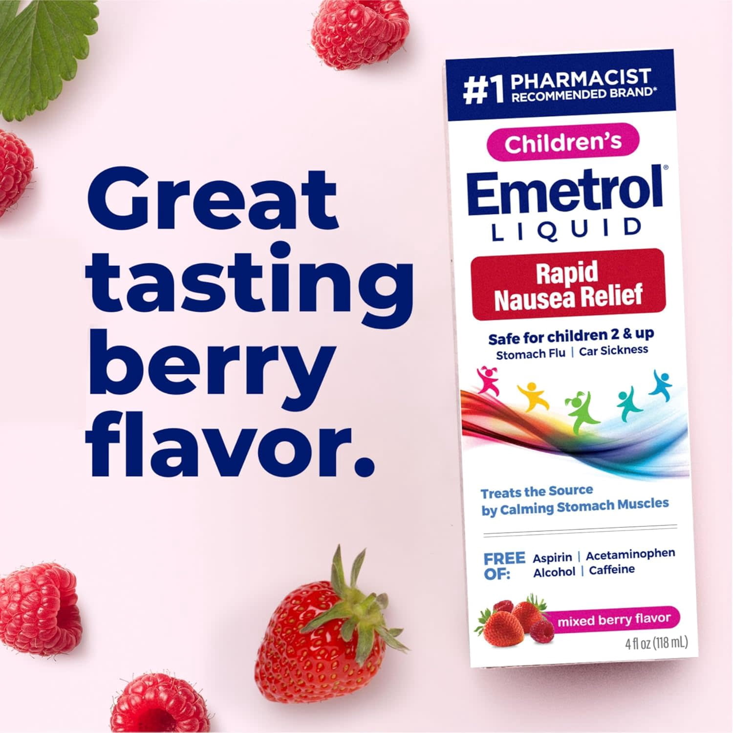 Emetrol Kids Nausea and Upset Stomach Relief, Liquid, Mixed Berry, 4 oz