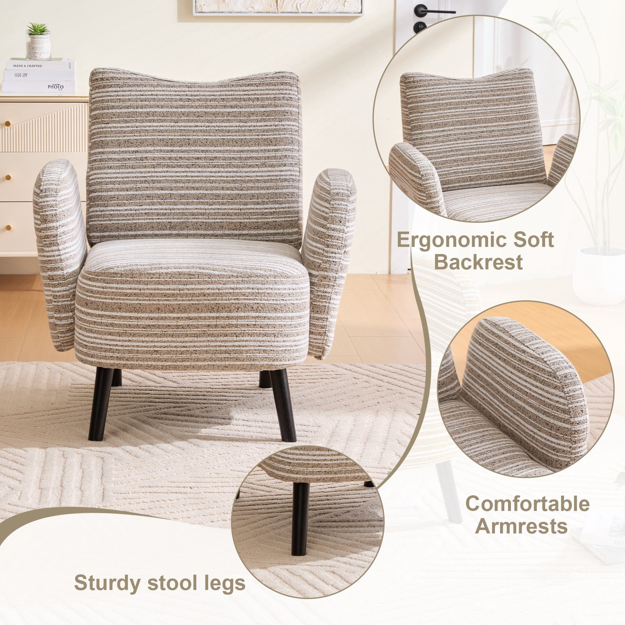 Sailvan Modern Armchair,Sanded Fabric Reading Chair with Side Storage Pocket & Solid Wood Legs for Living Room,Bedroom & Office khaki