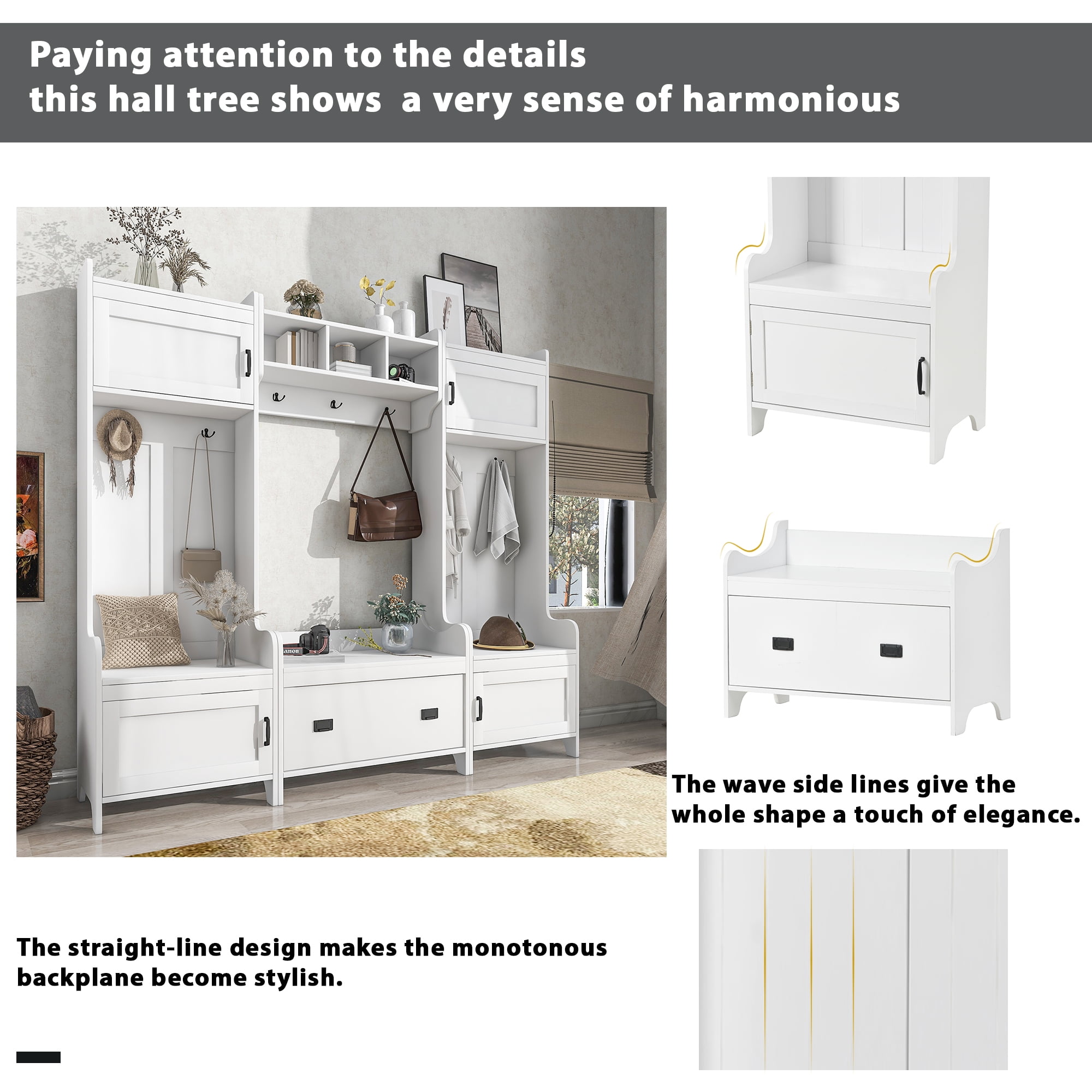 MAYEERTY Modern 4-in-1 Hallway Coat Rack: Bench, Storage Drawer, 7 Hooks, White