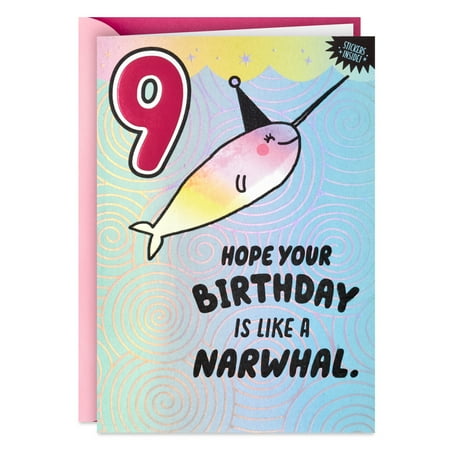 Hallmark 9th Birthday Card for Kid With Stickers (Narwhal)