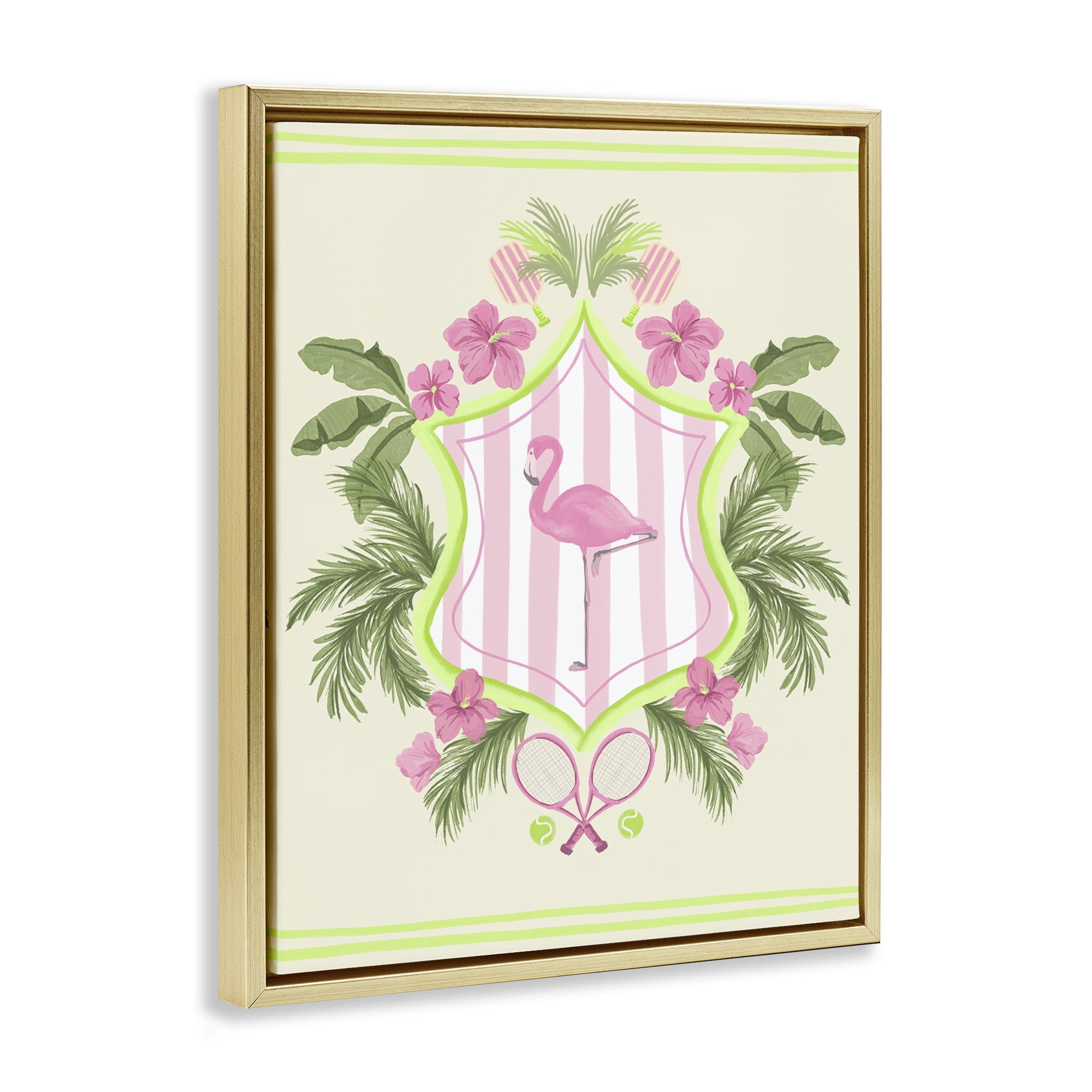 Stupell Industries Palm Beach Flamingo Emblem Sports Painting Gold Floater Framed Canvas Art Print Wall Art, 17 x 21