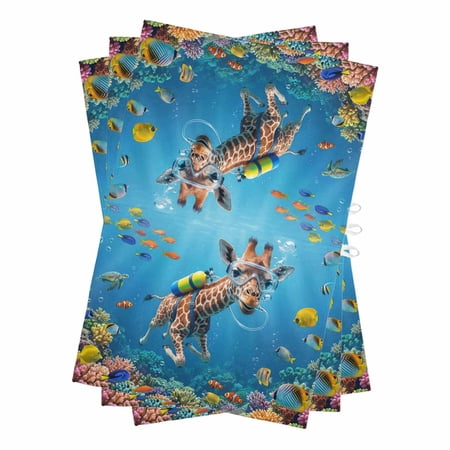 Funny Diving Giraffe Kitchen Towels Set of 3 Water Absorbent Dish Towel Ocean Coastal Coral Fish Marine Life Decorative Hand Towels - Quick Drying Cloth for Cooking Baking 18x28 Inch