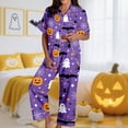 thumbnail image 2 of Kcolen Satin Halloween Pajamas Women Long Sleeve Pants, Women's Halloween Pajama Two Piece Sets Notch Collar Pumpkin Print Sleepwear,Purple,XL, 2 of 5