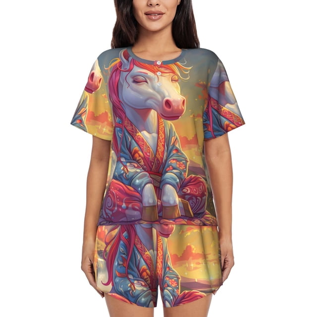 Balery Meditating Cute Horse Conjunto de Pijama para Mujer con Estampado, Dos Piezas de Manga Corta y Shorts, Ropa de Dormir Suave con Cuello Redondo y Bolsillos-X-Large