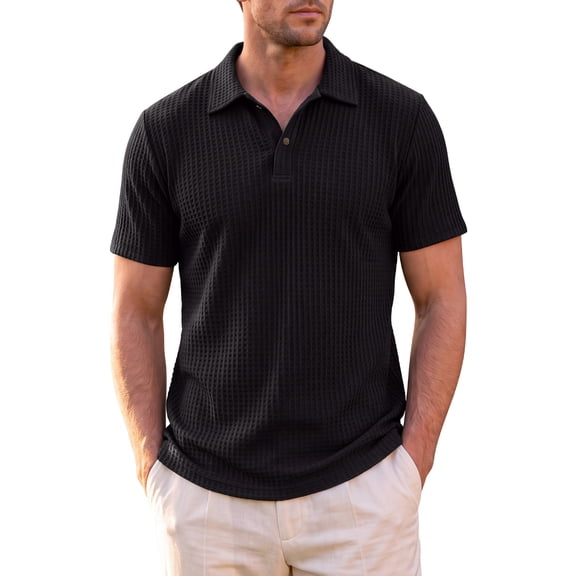 INSPIRE CHIC Men's Textured Knit Polo Shirt Short Sleeve Casual Summer Golf Tee M Black