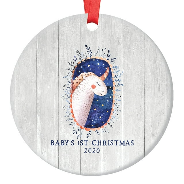 Rustic Unicorn Baby's First Christmas Ornament 2020, Pretty Fairytale Woodgrain 1st Xmas Present Baby Girl Newborn Chic Ceramic Porcelain Keepsake 3" Flat w/Red Ribbon & Free Gift Box | OR00589