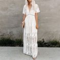 thumbnail image 5 of Women Flare Short Sleeve Sexy Deep V-Neck Maxi Long Dress Double Layer Embroidery Floral Lace Side Split Party Gown, 5 of 11