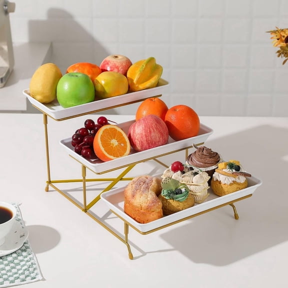 3 Tier Cake Stand, 11.5 in White PBT Trays, Gold-Tone Metal Frame, Dessert Display