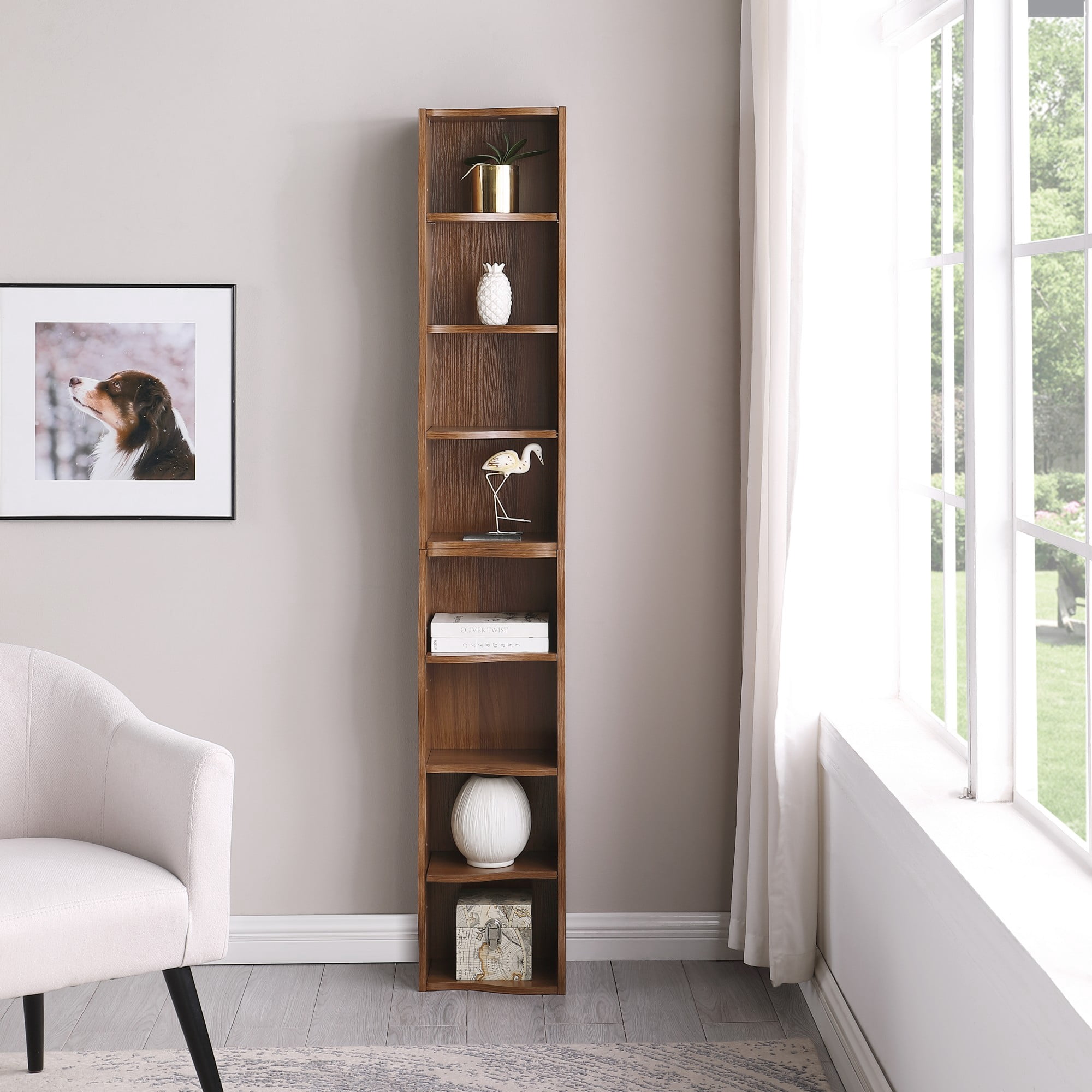 71" Tall Narrow Bookcase with Storage Cabine,8 Tier Cube Bookshelf Display Shelf Stand for Home Office, Living Room,Walnut
