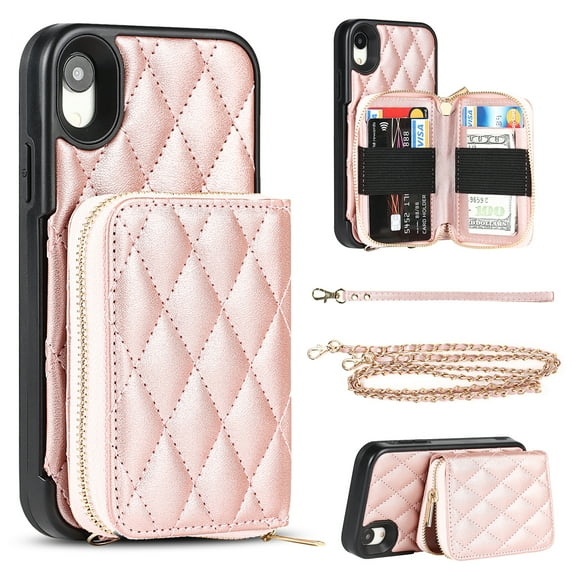 iPhone XR Wallet Case and Cover, Allytech Zipper Case with Card Holder Slot Crossbody Chain Strap Handbag Purse Wrist Strap Shockproof PU Leather Case for iPhone Xr 6.1", Rosegold