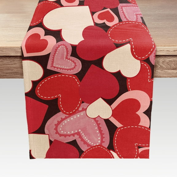 Happy Valentines Day Table Runner, Red Pink Love Hearts Linen Table Runner Decor, Wedding Anniversary Holiday Birthday Engagements Romantic Events Home Kitchen Decorations Decor 13x72 Inches