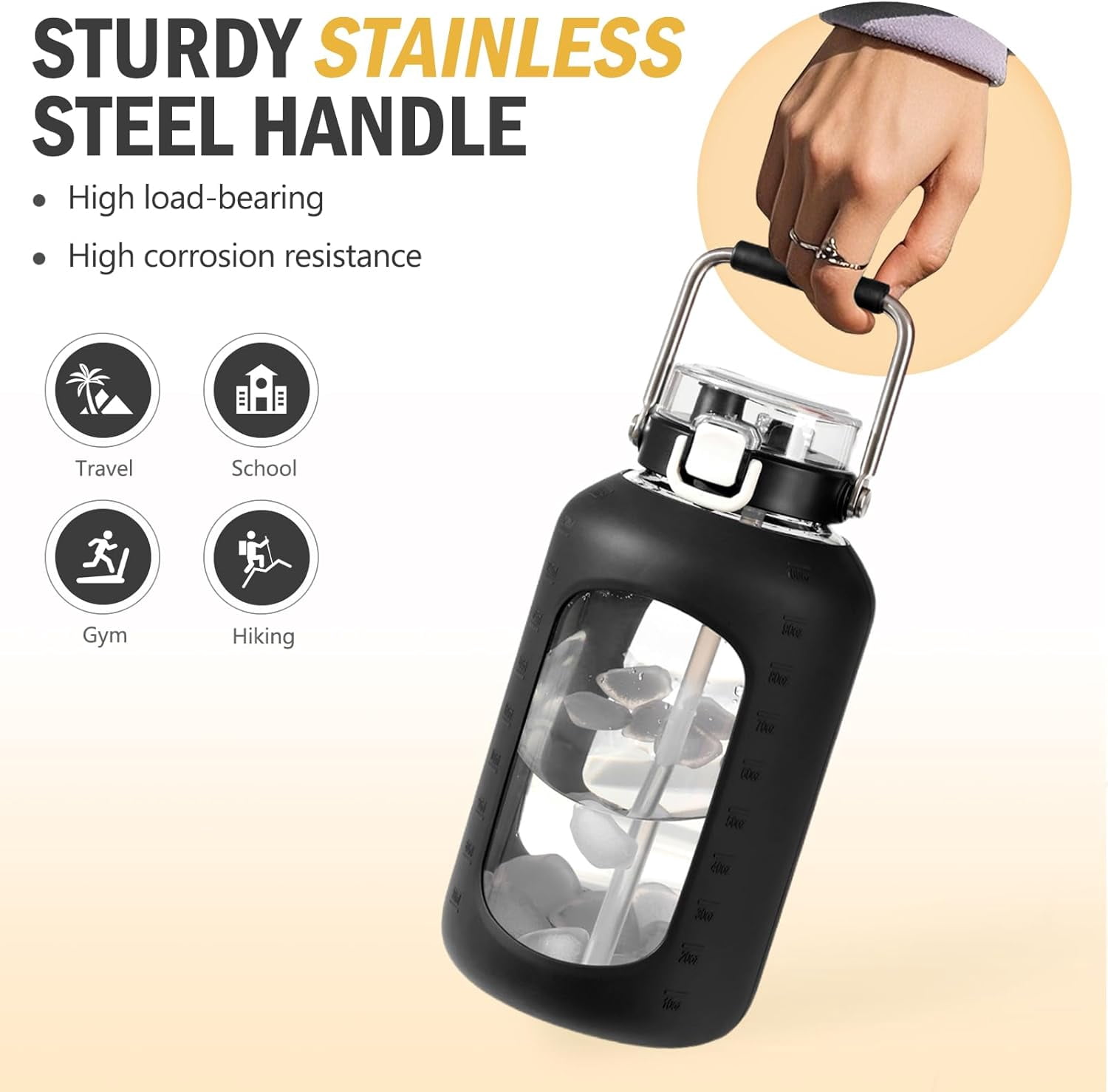 84oz Water Bottle Glass with Stainless Steel Handle Large 2.5l Water Bottle with Time Markers and Silicone Sleeve Half Gallon Water Jug BPA Free for Gym Daily Use