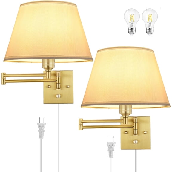 Dimmable Wall Sconce Plug in, Brushed Brass Wall Sconces Set of 2 Swing Arm Wall Lights with Plug in Cord and Dimmer On/Off Knob Switch, 11.8" Large White Fabric Shade(2 LED Bulbs Included)
