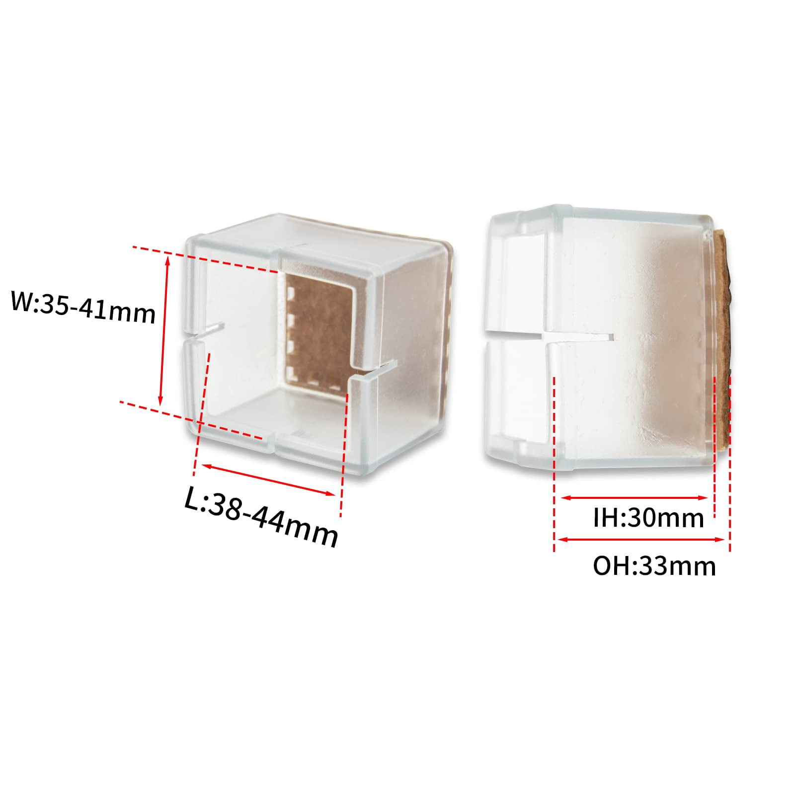 Flyshop 8PCS Rectangle Chair Leg Caps with Felt Pads PVC Protective Feet Cap Prevent Scratches Reduce Noise Felt Furniture Pads, Transparent Floor Protectors, Length 38 to 44mm, Width 35 to 41mm